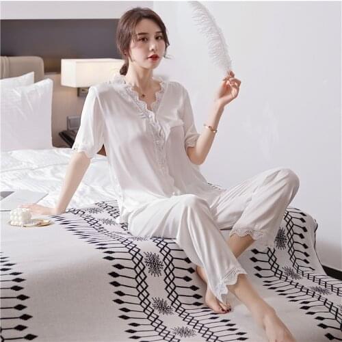 JULYS SONG New Stain Sexy Lace Woman Pajamas Set 2 Pieces Spring Autumn Sleepwear Elegant Short Sleeces V-neck Silk Homewear