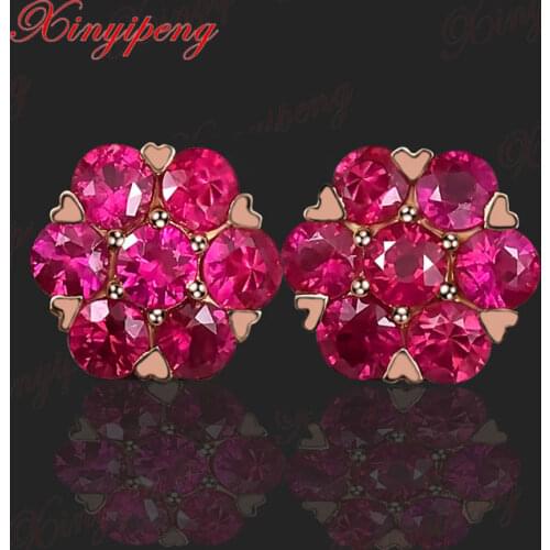 18 k rose gold with natural ruby studs earrings red color of fire Fine jewelry contracted The flower shape