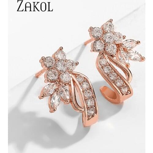 ZAKOL Fashion CZ Crystal Flower Stud Earrings Gold Color Bridal Ear Jewelry for Women Wholesale