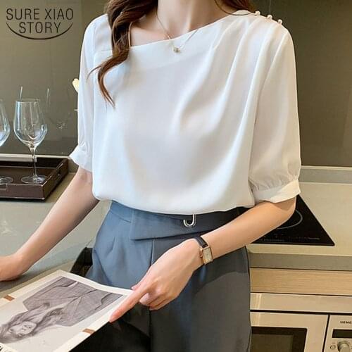 Summer Shirt Korean New Satin Shirt Short Sleeve Womens Blouse and Tops Skew Collar OL Style Wild Blouse Women 2021 14235