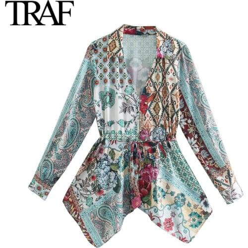 Traf Za Women Fashion Long Sleeve Blouse Vintage V-neck Printed Drawstring Waist Irregular Shirt Chic Ladies Tops Mujer