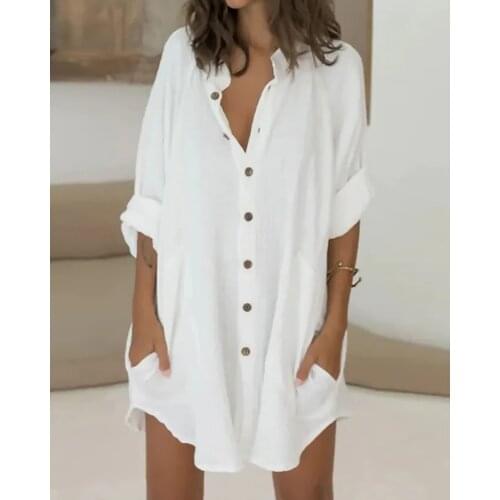 2021 New Fashion V Neck White Turn Down Collar Button Pocket Design Long Sleeve Summer Casual Top Womens Blouse Loungewear Ropa