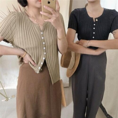 Women Summer Thin Knitted T-shirts 2021 New Single Breasted Short Sleeve Slim Tees Shirt Pit Bar Elastic Tops