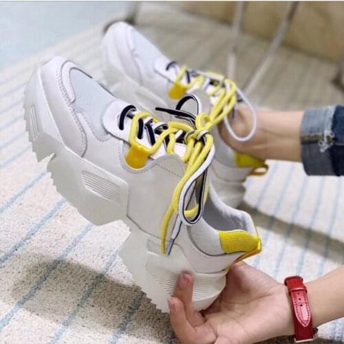 Womens Leather Thick-Bottom Mesh Lace Sneakers Spring Autumn New Fashion Comfortable Breathable Soft Running Casual White Shoes