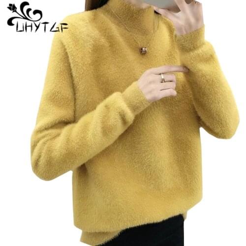 UHYTGF Mink cashmere Autumn winter sweater women pullover knitted short sweater female elasticity Loose warm sweaters coat 622