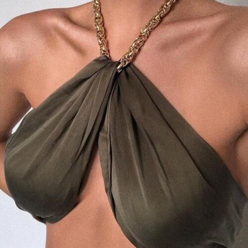 2021 Sexy Chain Halter Lace-up Crop Tops Women Chic Sleeveless Backless Bandage Vest Summer Y2K Cami Top Club Party Wear