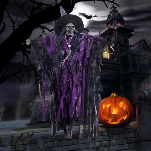 2019 Halloween Haunted House Decoration Props Hanging Animated Scary Skeleton Ghost with Red Light Eyes and Horror Sounds
