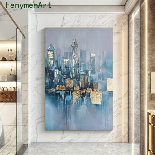 Abstract Blue Gold Leaf Canvas Painting Nordic HD Print Wall Pictures for Living Room Home Decor City Natural Landscape Posters