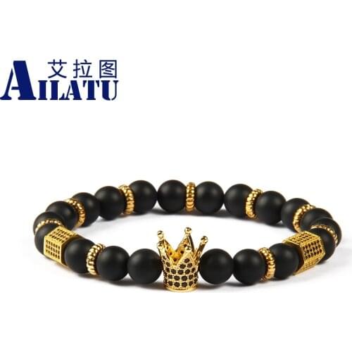 Ailatu Powerful Mens Jewelry Wholesale 8mm Matte Onyx Stone with Black Cz Crown & Stoppers Bracelets for Mens Gift