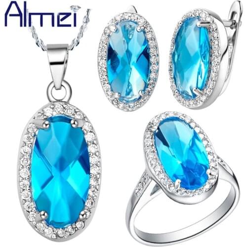 Almei Wedding Sets for Women Bridal 2017 New Earring Necklace Ring Fashion Red/Blue/Purple Stones CZ Zircon Jewelry Set T010