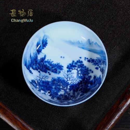 Changwuju in Jingdezheng Kung Fu tea ware hand painted by Jinhongxia blue and white color glaze porcelain tea bowl for host use