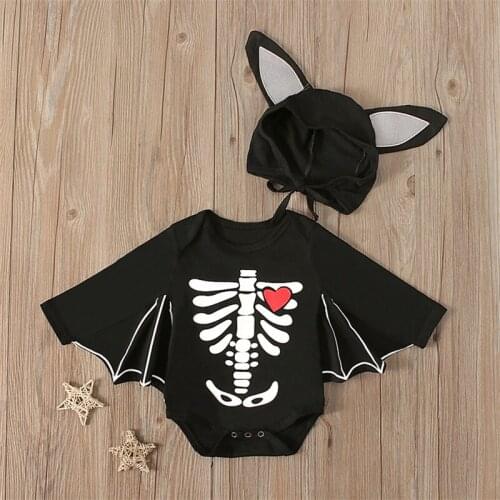 Baby Boys Girls Halloween Clothes Set Skull Print Long Bat Sleeve O-neck Romper+Hat with Cute Ears 2 Piece Set for 0-24 Months