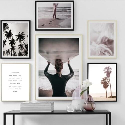 Surfboard Girls Beach Wall Art Flower Canvas Painting Palm Tree Posters And Prints Wall Positive Letter Pictures For Living Room