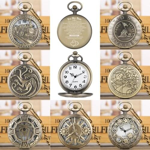 Hot Selling Vintage Bronze Quartz Pocket Watches To My Son Special Words Design Back Cover Design Punk Pocket Clock Gifts Male