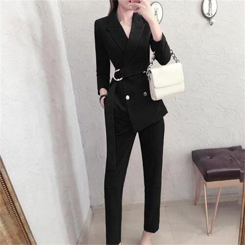 2 Pieces set black Irregular Blazer Women Suits Double-breasted Slim Pant Suits Blazer Jacket & Pencil Pant Office Lady
