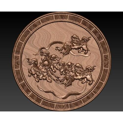 Round 3D Model Relief Lion Dance Model in STL format CNC Router Carving Engraving Artcam aspire home decoration Decor