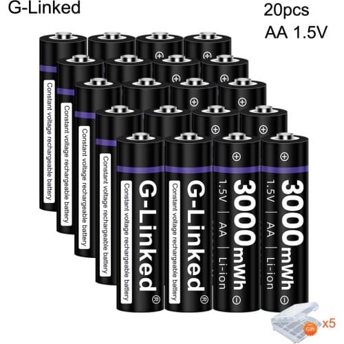 20PCS G-Linked 1.5V AA Battery Li-ion Lithium Rechargeable Battery AA Battery for Forehead Thermometer 3000mWh AA Li-ion Battery