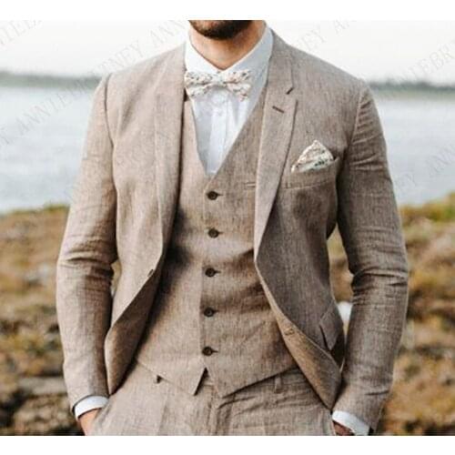 ANNIEBRITNEY Tailor Made Linen Men Suits Slim Fit Formal Groom Prom Dress Tuxedo Casual Style Blazer Pants Custom Big Size Suits