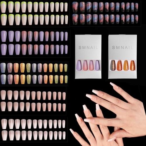 24pcs New Fashion Long Coffin Fake Nails European Rainbow Ballerina Full Nail Art Tips Colorful Beauty Artificial False Nails