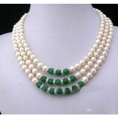 2017 new 7-8MM Natural White Akoya Cultured Pearl & Green Jadeite Hand Knotted necklace>>> free shipping