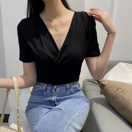 New Style Women T Shirts Fashion V-neck Pleated Short Sleeve Solid Color Women Tops New Fashion Candy Color Base Tees