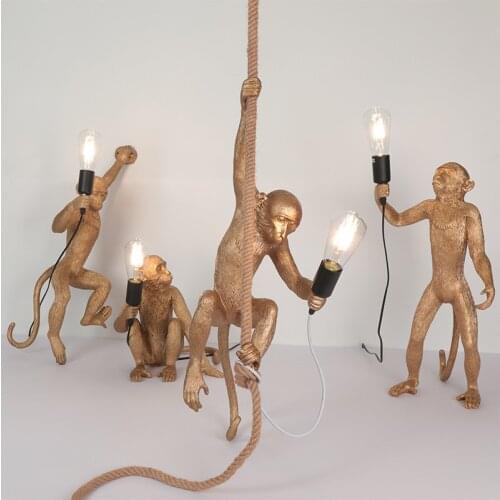 Lighting Resin Monkey Pendant Lights for Loft Hemp Rope Hanging E27 Lamp Luminaires Bar Cafe Includes E27 Decor Light Fixtures