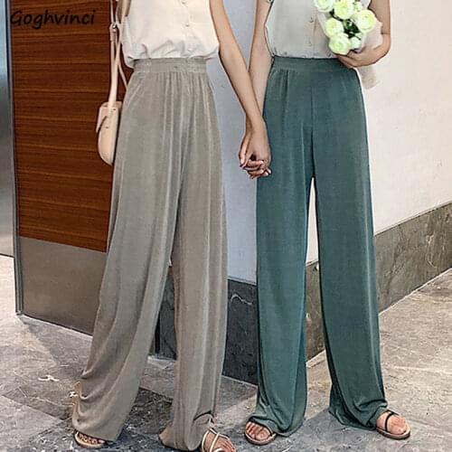 Casual Pants Women Summer Wide-leg Mopping Drape Leisure Korean Style Elegant Slim Ice-silk Fashion Ins All-match Womens Chic
