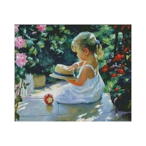 Needlework,Handwork 14CT For Embroidery Garden cute girl Oil Painting DIY Cross stitch kits,Art Cross-Stitching Home Decor