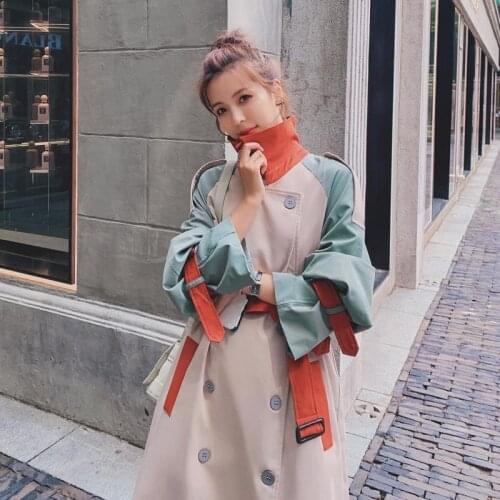 2020 New Autumn Fashion Color Block Trench Coat Women Streetwear Camel Belt Pocket Coat Trench Duster Coat spring Korean