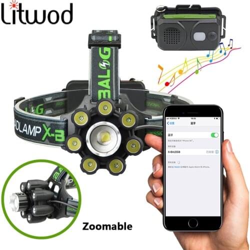 USB Reachargeable Smart Led Headlamp Bluetooth Speaker XM-L T6 Headlight 8000 Lumen Zoom 18650 Battery headlamp fishing lamp
