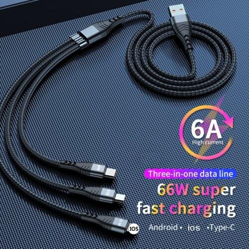 66W USB 3 in 1 Charging Cable For IPhone Type-C Micro USB 6A for Huawei Xiaomi OPPO VIVO Samsung Travel Flash Charging Cable
