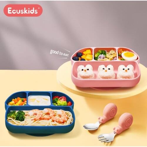 Japan ecuskids for baby childrens dinner plate grid plate for food learning food training silicone tableware dishes dinner set
