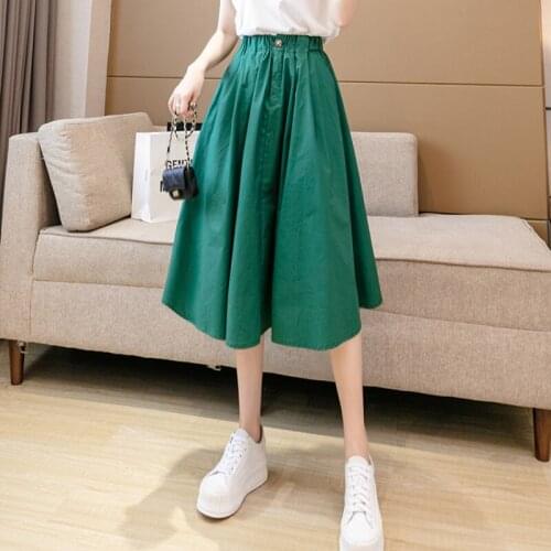 Japan Syle Solid Color Midi Skirt For Women Drape Eleastic High Waist Skirt A-line Casual Basic Woman Umbrella Skirts