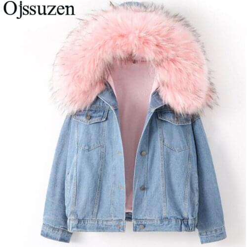 Plus Size Pink Fur With Hooded Winter Jackets Women Denim Coat Female Warm Jeans Jacket Woman Thick Outerwear Loose Coat Winter