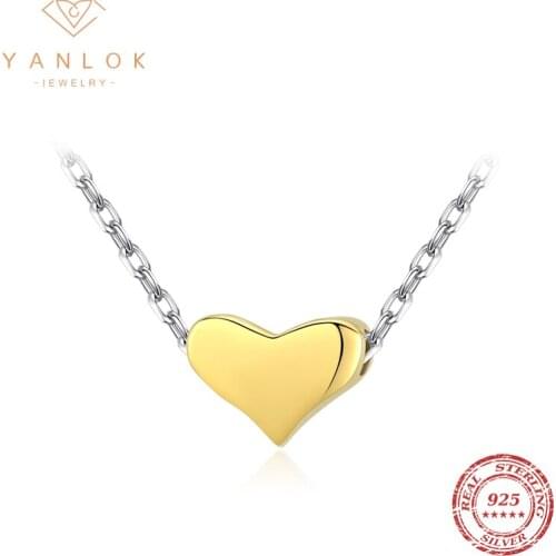 YANLOK Genuine 925 Sterling Silver Cute Gold Heart Necklaces Pendant For Women Sweet Korea Style Fine Jewelry Accessories