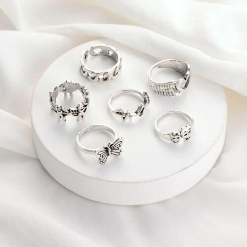 6pcs/set Jewelry Accessories Butterfly Punk Skull Finger Ring Set Opening Knuckle Ring Heart Wing Gothic