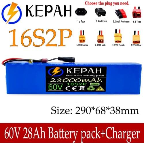 60V 16S2P 28Ah 18650 Li-ion Batterie Pack 67.2V 28000mAh Ebike velo Electrique Scooter avec BMS 1000 Watts BMS prise