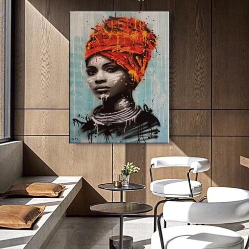 African Woman Scarf Graffiti Art Posters And Prints Abstract African Girl Canvas Paintings On The Wall Art Pictures Wall Decor