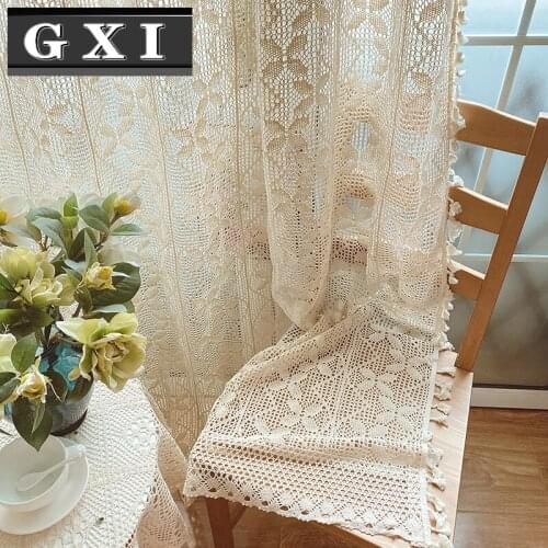 American Retro Crochet Woven Hollow Curtain Ready Made Curtain For Living Room Bedroom Balcony Petal Tulle Curtain