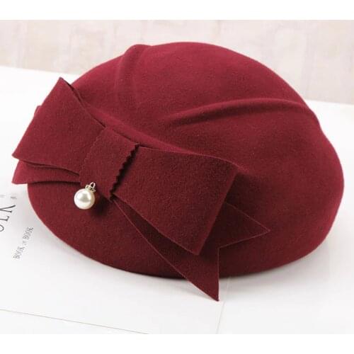 Lady Fedoras Woolen Cap Female Woolen Felt Hat Elegant Fashion Beret Shape England Cap Leisure Joker Hat Bowtie Cap B-8925