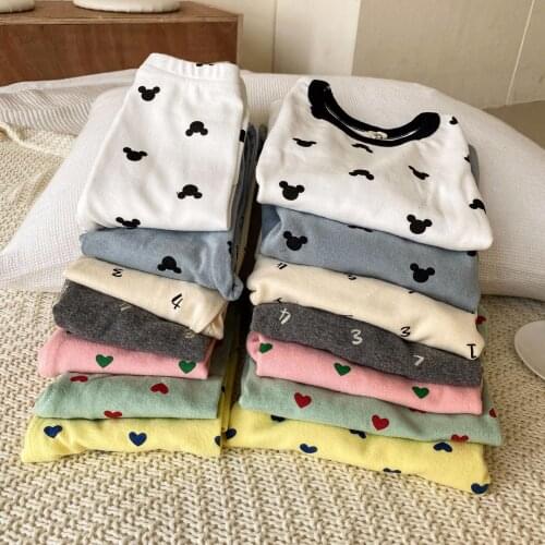 Childrens Home Clothes 2021 Autumn Winter Pure Cotton Frosted Cartoon Pajamas Boys And Girls Warm Round Neck Underwear Set Baby