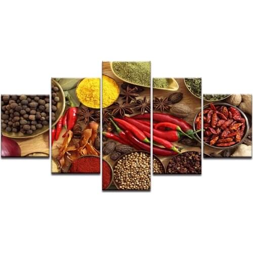 Home Decor Wall Art Framed Posters Prints 5 Panel Spoon Grains Spices Peppers Canvas Painting Kitchen Modular HD Food Picture