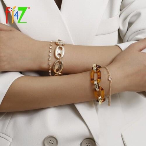 F.J4Z New Punk Women Bracelet Classic Leopard Resin Alloy Linked Chain Bracelets Sets Rhinestone Hand Jewelry Gifts Dropship