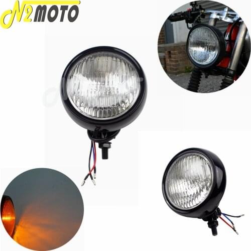 12V Motorcycle Black Retro Headlight Moto Scooter Front Light 4.5" Halogen Headlamp High/Low Round Lamp For Harley Cafe Racer
