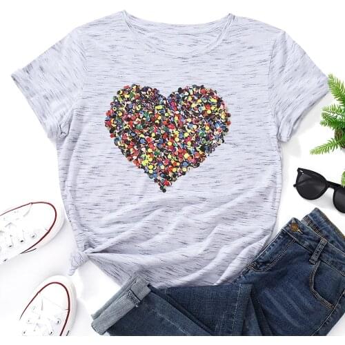 Womens Graphic Tees Cotton Short Sleeve Crew Neck Loose T Shirt Top Female Summer Casual Clothes Colorful Heart Shirt