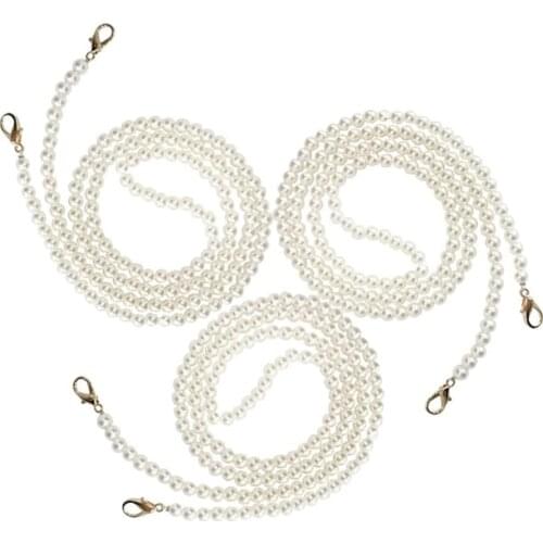 Hot kf-3Pcs DIY Round Imitation Pearl Bead Replacement Chain Strap, Handbag Chains Accessories with Metal Buckles(47 Inches)