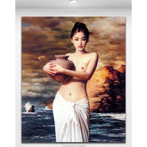 Unframed Canvas Poster Sexy Nude Girl Holding The Pottery Body Art Oil Painting By China Artists For living Room Wall Picture