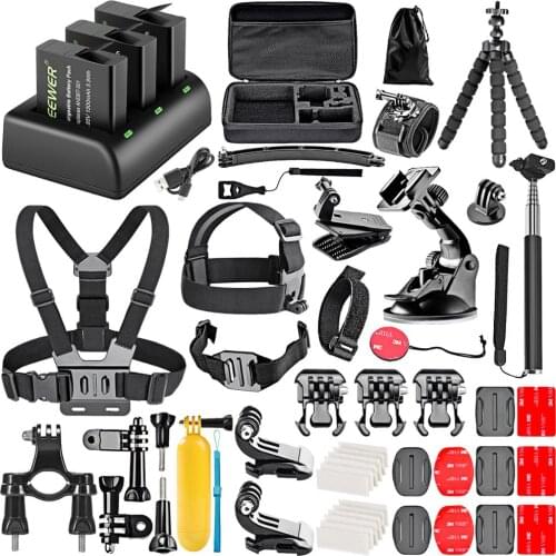 Neewer 50-in-1 Action Camera Accessory Kit with Battery Charger Set (3-Pack 1500mAh Battery, 3-Channel Micro USB Charger)