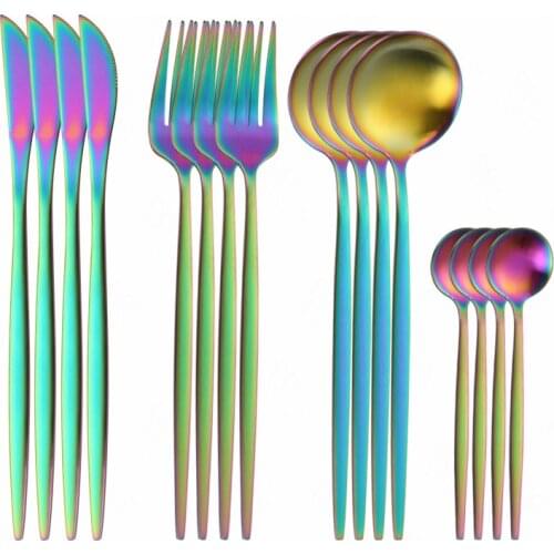 Kitchen Utensils Rainbow Tableware Reusable Dinnerware 16Pcs Stainless Steel Combination Cutlery Set Fork Spoon Flatware Set