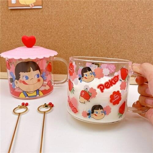 Ins Kawaii Strawberry Glass Mug Coffee Cup Lovely Milk Cartoon Heat-resistant Breakfast Cups Girl Drinking Cup With Lid Spoon